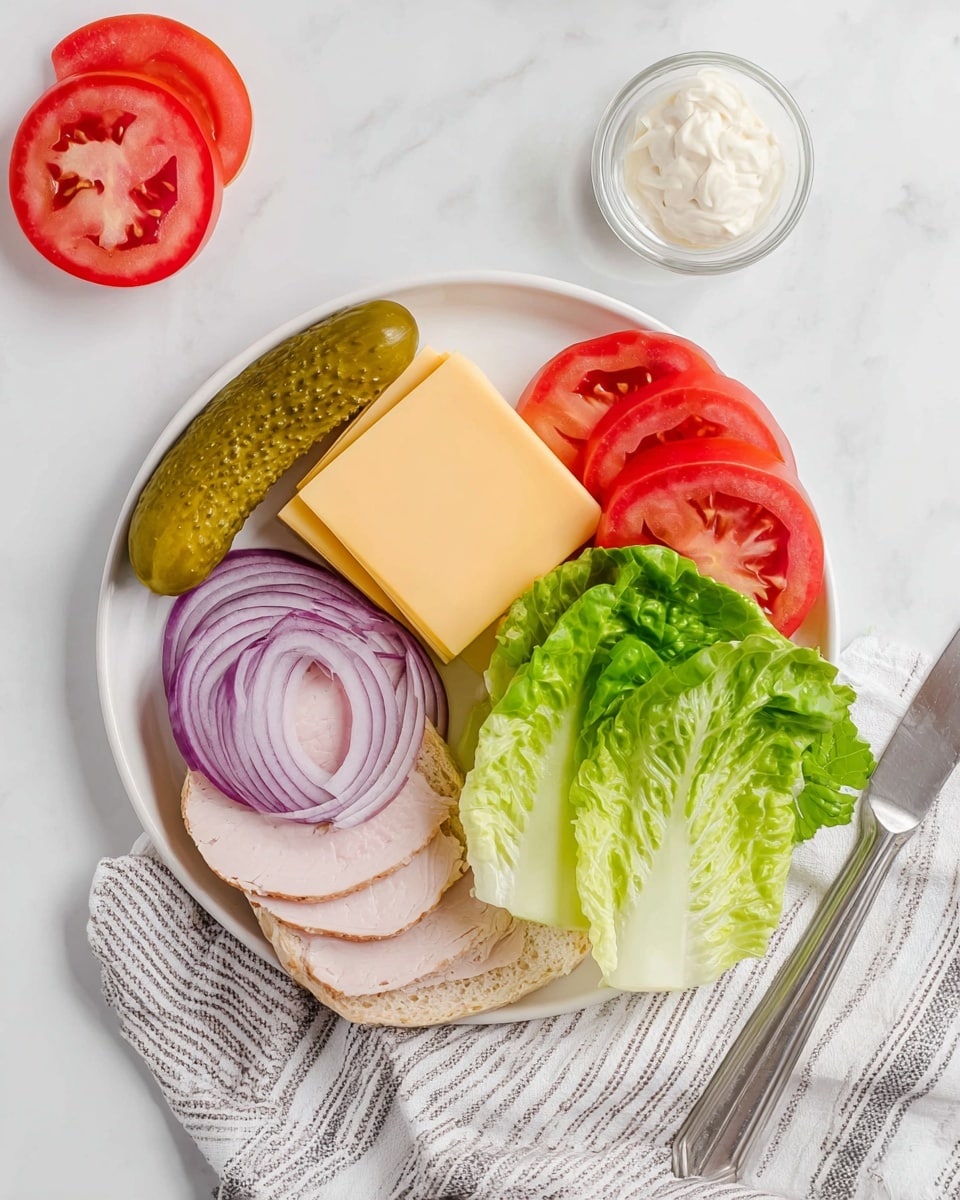 A white plate holds six sandwich ingredients neatly arranged: at the top, a whole green pickle; below it, two yellow cheese slices stacked slightly askew; to the right, two large green romaine lettuce leaves; below, two red tomato slices with visible seeds; to the left of the tomato, three purple rings of red onion; and in the center, a slice of light pink turkey meat. Above the plate, a small clear bowl with white mayonnaise sits next to a halved red tomato on a white marbled surface. To the right and partly under the plate, a white cloth napkin with gray stripes is casually placed, with a metal butter knife below the plate. Photo taken with an iphone --ar 4:5 --v 7