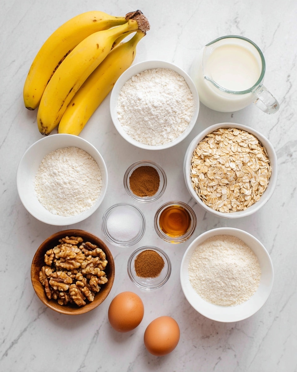 The image shows a flat lay of ingredients on a white marbled surface. There are three yellow bananas on the left side. To their right are three white bowls filled with white flour, cottage cheese, and light brown oats arranged in a triangle. Below them, a small wooden bowl holds walnut halves. Around the bowls, there are two brown eggs, and five small clear glass bowls containing white baking powder, ground cinnamon, white salt, white sugar, and an amber-colored liquid, possibly vanilla extract. A small white bowl holds an off-white liquid, and next to it is a clear glass measuring cup with white milk. The setup is neat and bright, showing a variety of textures and colors from yellow bananas to brown walnuts. photo taken with an iphone --ar 4:5 --v 7