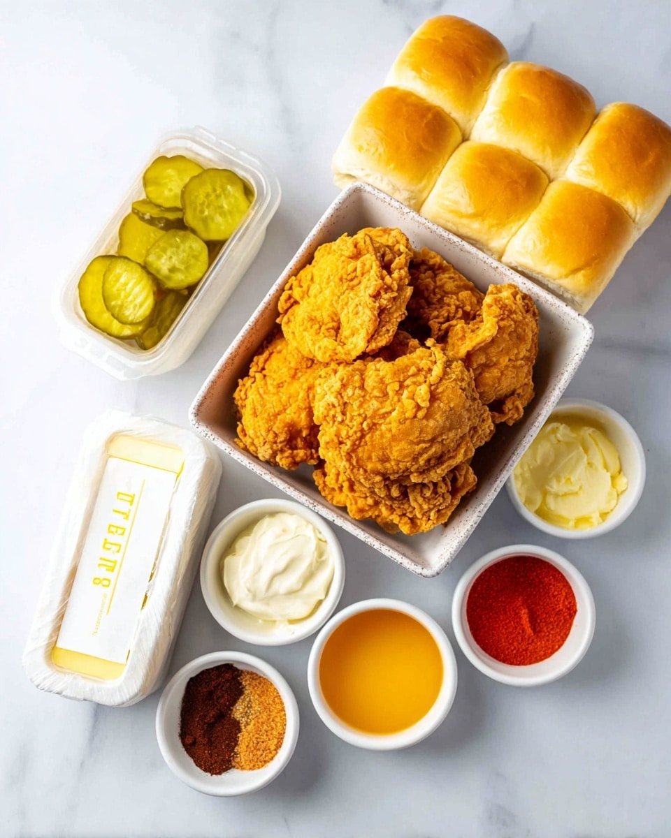 The image shows a white speckled small square bowl filled with six golden brown crispy fried chicken pieces stacked closely. Below it are five small white bowls arranged in a loose semicircle: the top left bowl has several round bright green pickle slices, the top middle bowl is filled with creamy white mayonnaise, the bottom left bowl contains smooth golden honey, the bottom middle bowl holds three spices - white, red, and dark red powders, and the bottom right bowl contains vibrant orange hot sauce. On the left side, there is a block of twelve soft golden yellow dinner rolls placed close together. Below the rolls, a stick of salted butter in a white wrapper is placed horizontally. All items are set on a white marbled surface. Photo taken with an iphone --ar 4:5 --v 7