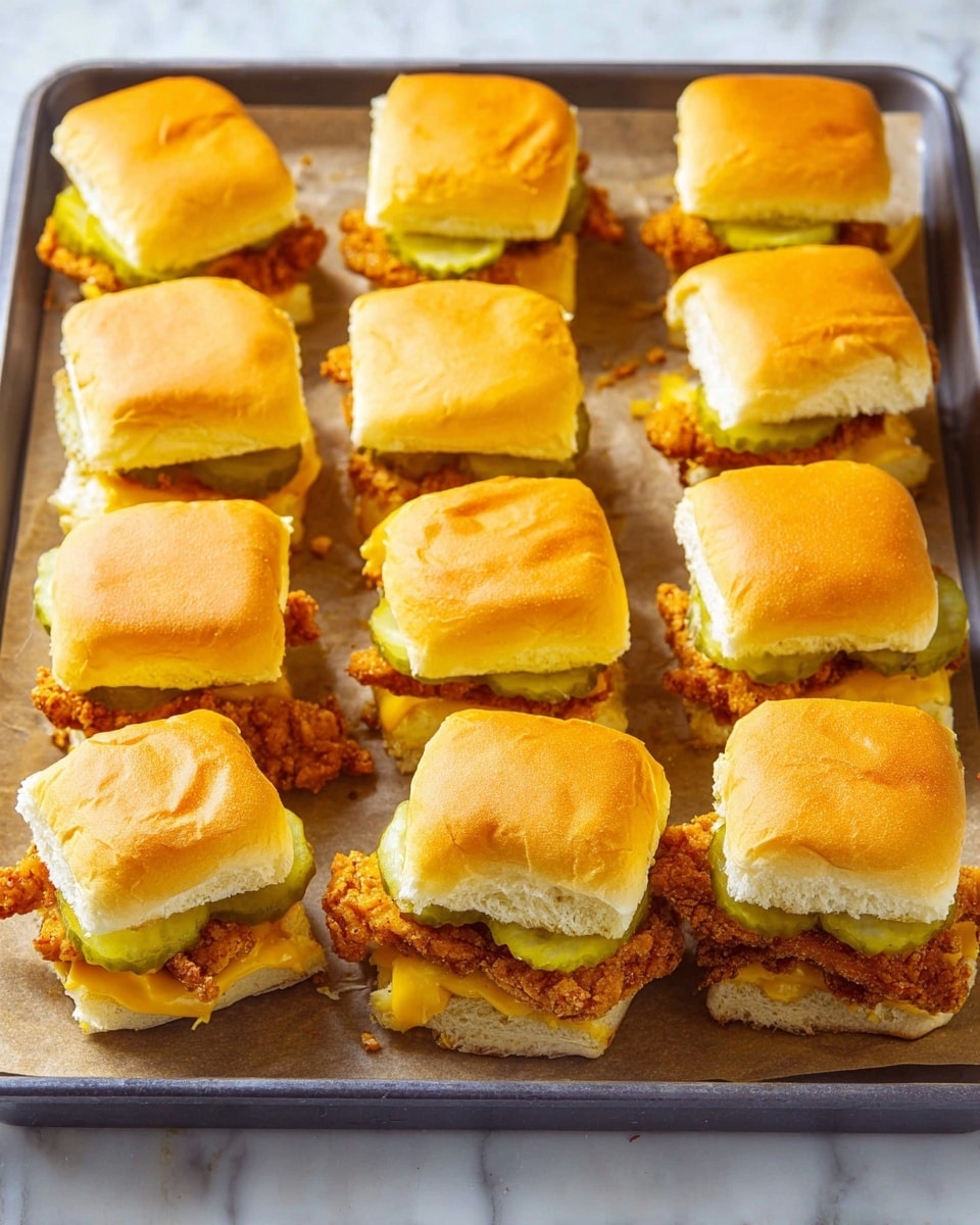 There are twelve small sandwiches on a baking tray lined with brown parchment paper. Each sandwich has three visible layers: a soft, golden-yellow top bun with a smooth texture, a middle layer of light green pickle slices, and a bottom layer of crispy, golden-brown fried chicken pieces. The sandwiches sit closely together with some small crumbs and bits of chicken scattered around them. The baking tray is dark gray and rests on a white marbled surface. photo taken with an iphone --ar 4:5 --v 7
