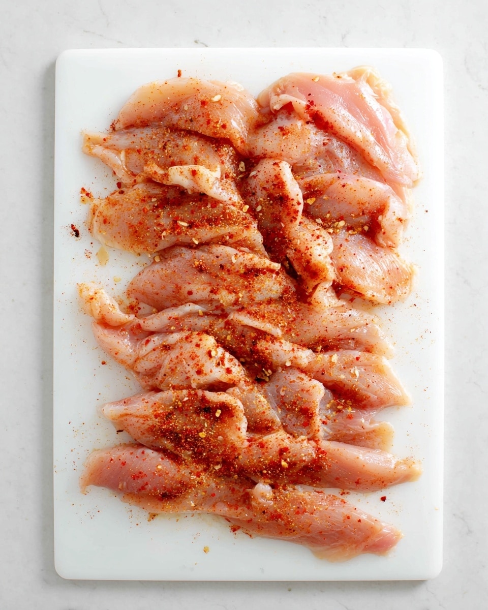 A white cutting board is laid flat on a white marbled surface, holding about twelve raw chicken fillets spread out in a single layer. Each fillet has a light pink color with some soft white fat edges. The fillets are sprinkled unevenly with red paprika powder and light beige garlic powder. The spices create small speckled patches over the meat. There is no extra garnish or decoration. photo taken with an iphone --ar 4:5 --v 7