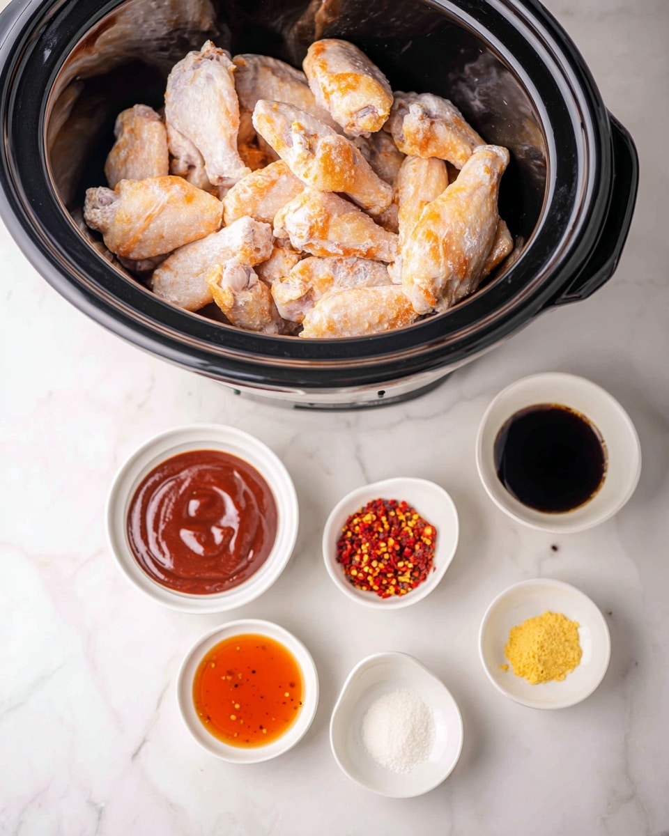 A black slow cooker filled with frozen chicken wings that have a light frosty coating, showing pale orange and white colors with a rough texture. In front of the cooker on a white marbled surface are five small white dishes arranged in a loose semi-circle: one filled with thick reddish-brown sauce, another with dark brown soy sauce, one with small red chili flakes, another with a yellow minced garlic paste, and the last with white powder. The scene is bright and clean with an overhead soft light. photo taken with an iphone --ar 4:5 --v 7