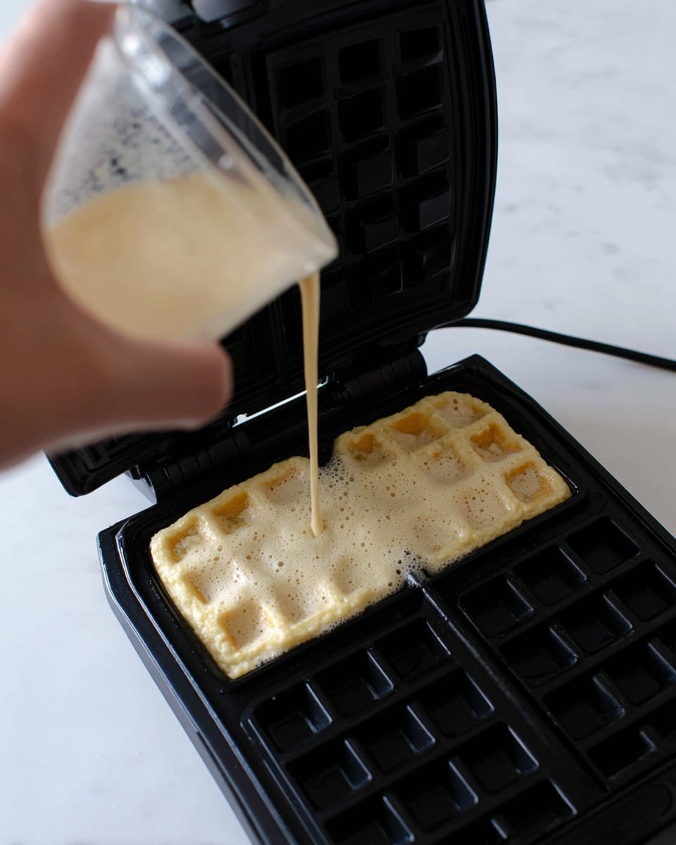 A woman's hand is tilting a clear container, pouring light yellow waffle batter into the square grids of an open black waffle iron, with some batter beginning to fill the shapes. The waffle iron is placed on a white marbled surface, and its black cord is visible in the background. The batter looks smooth with small bubbles forming on its surface. Photo taken with an iphone --ar 4:5 --v 7