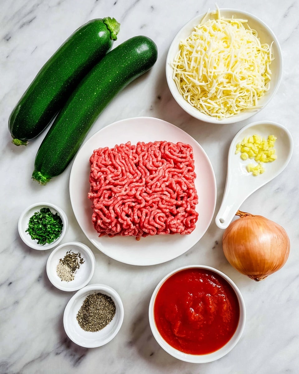 The image shows ingredients arranged on a white marbled surface. In the center, a white plate holds a block of bright pink raw ground meat with a curled texture. To the top left, two fresh green zucchinis with smooth skin lie side by side. Above the meat, there is a white bowl filled with pale yellow shredded cheese. A white spoon next to the cheese holds small yellow minced garlic pieces. To the right of the meat, a whole brown onion with its dry stem is placed. Below the onion, a white bowl contains a smooth red tomato sauce with a glossy surface. Near the bottom left, a small white bowl has chopped green herbs. Another white bowl contains three piles of dry seasonings in black, white, and green colors. photo taken with an iphone --ar 4:5 --v 7