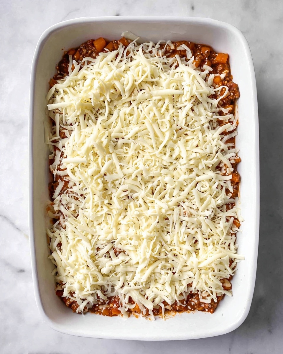 A white rectangular dish sits on a white marbled surface, filled with a two-layered mixture. The bottom layer is a chunky, brown and orange mix, likely a cooked meat and vegetable sauce, showing some bits of what looks like diced orange vegetables around the edges. The top layer is covered with shredded white cheese, spread evenly but loosely across the surface, allowing glimpses of the sauce underneath. The overall texture combines the soft, moist look of the sauce with the stringy, dry appearance of the shredded cheese. Photo taken with an iphone --ar 4:5 --v 7