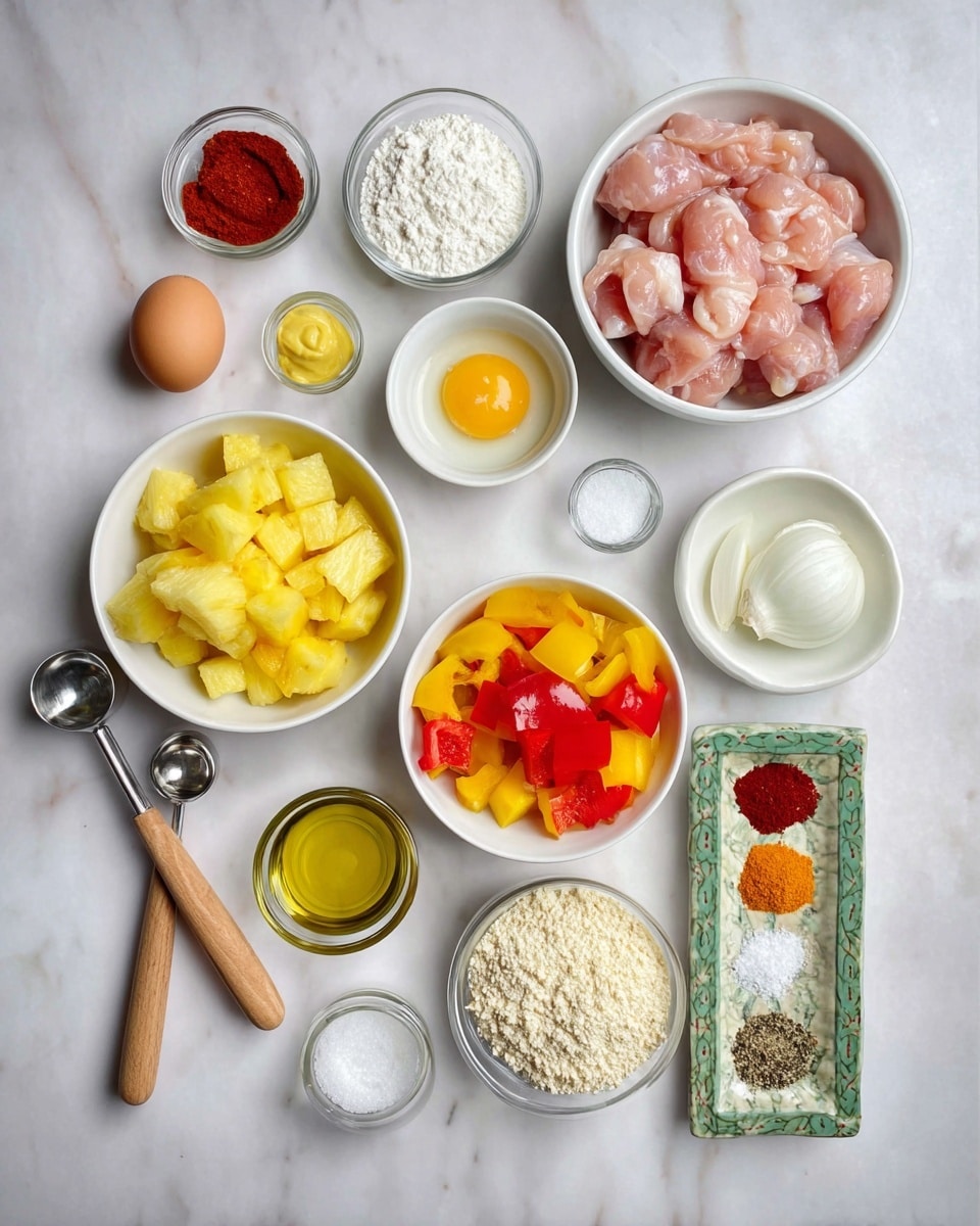 The image shows a top view of various ingredients placed on a white marbled surface, arranged neatly in small white and clear bowls and cups. In the upper central part, there is a bowl filled with raw pink chicken pieces. Below it, a white bowl contains bright yellow and red chopped bell peppers. To the lower left, a bowl holds chunks of yellow pineapple in juice. Around these main bowls, there are smaller containers holding white flour, an egg, diced white onion, minced garlic, a spoonful of yellow mustard, olive oil, a small bowl of ketchup, a round bowl of light-colored breadcrumbs, and a floral rectangular dish with layers of black pepper, white salt, red paprika, and beige garlic powder. Two wooden-handled measuring spoons with salt and pepper sit near the egg. The setup is clean and colorful, with a focus on fresh and dry ingredients, photo taken with an iphone --ar 4:5 --v 7