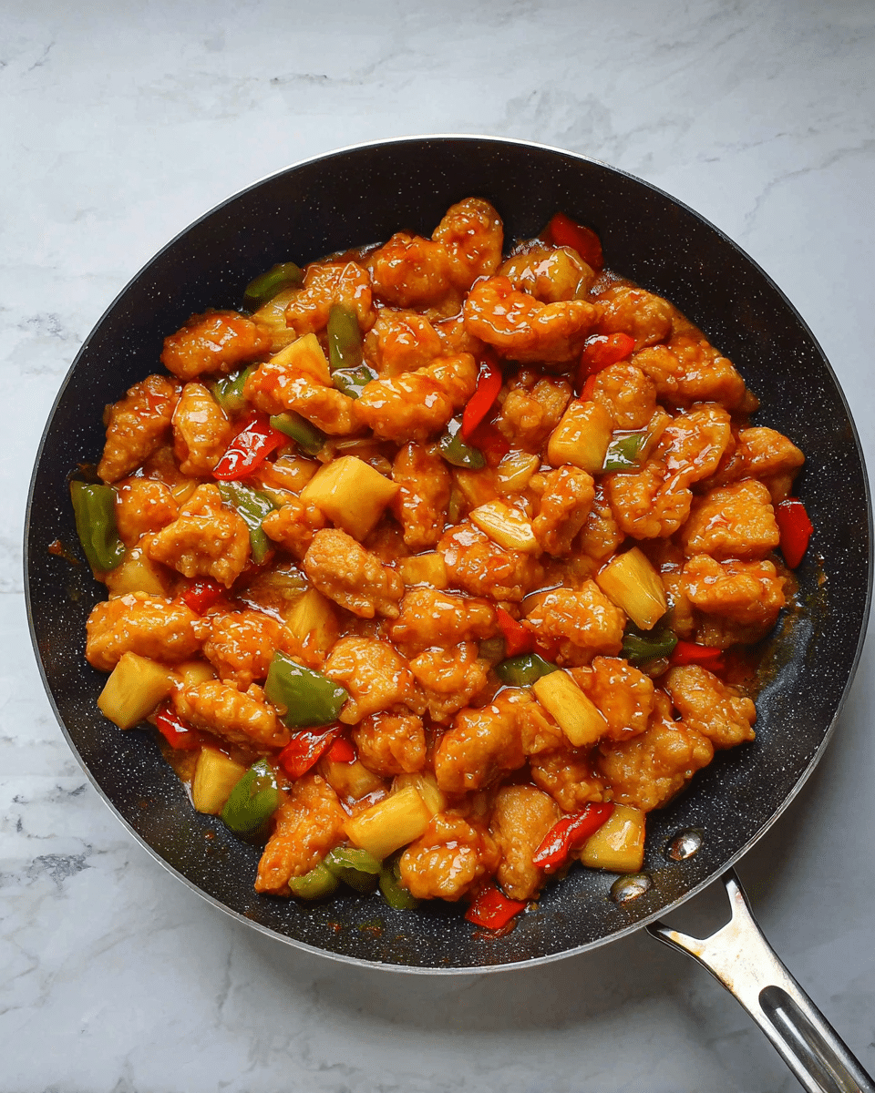 A black frying pan filled with many pieces of golden-brown fried chicken chunks covered in shiny orange sauce. Mixed in are bright yellow pineapple chunks, green bell pepper pieces, and red bell pepper pieces, all coated evenly by the sauce. The pan is placed on a white marbled surface. Photo taken with an iphone --ar 4:5 --v 7