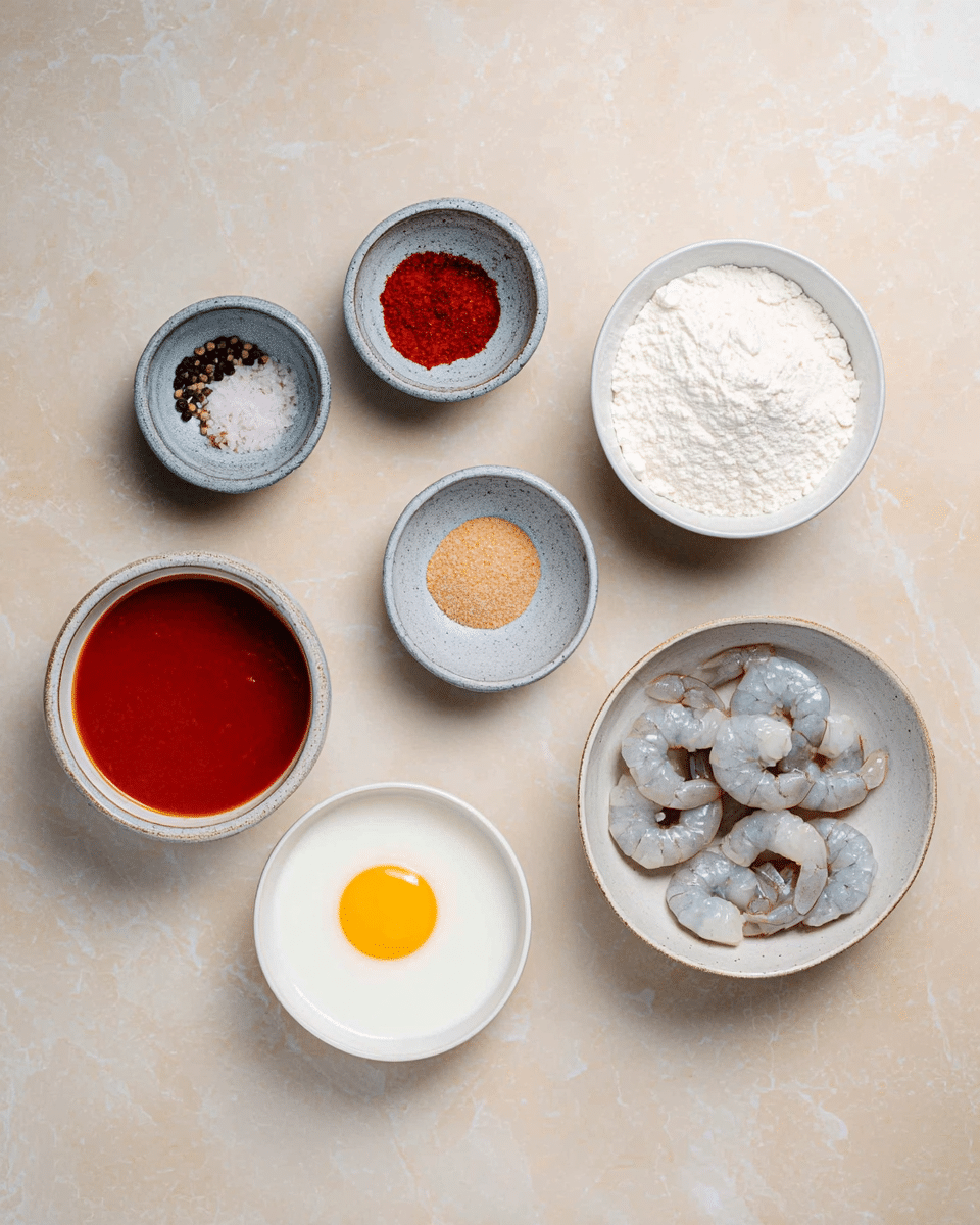 The image shows seven small bowls arranged on a white marbled surface. In the bottom right bowl, there are several raw, peeled shrimp with a pale grey and pink color. Above it, a small white bowl holds white flour with a powdery texture. To the left of the flour, a small gray bowl contains a mix of coarse pink salt and black peppercorns. Next to it on the right is another gray bowl filled with a light brown dry seasoning. Below these, a small white bowl has a smooth, orange-red liquid, possibly sauce. To the left of this is a small gray bowl with bright red paprika powder, and above it is a larger gray bowl filled with white yogurt or cream. Finally, in the bottom left corner, a small white bowl contains a raw egg with a clear white and a bright yellow yolk. All bowls are set on a clean, light-textured white marble surface, with soft even lighting, photo taken with an iphone --ar 4:5 --v 7