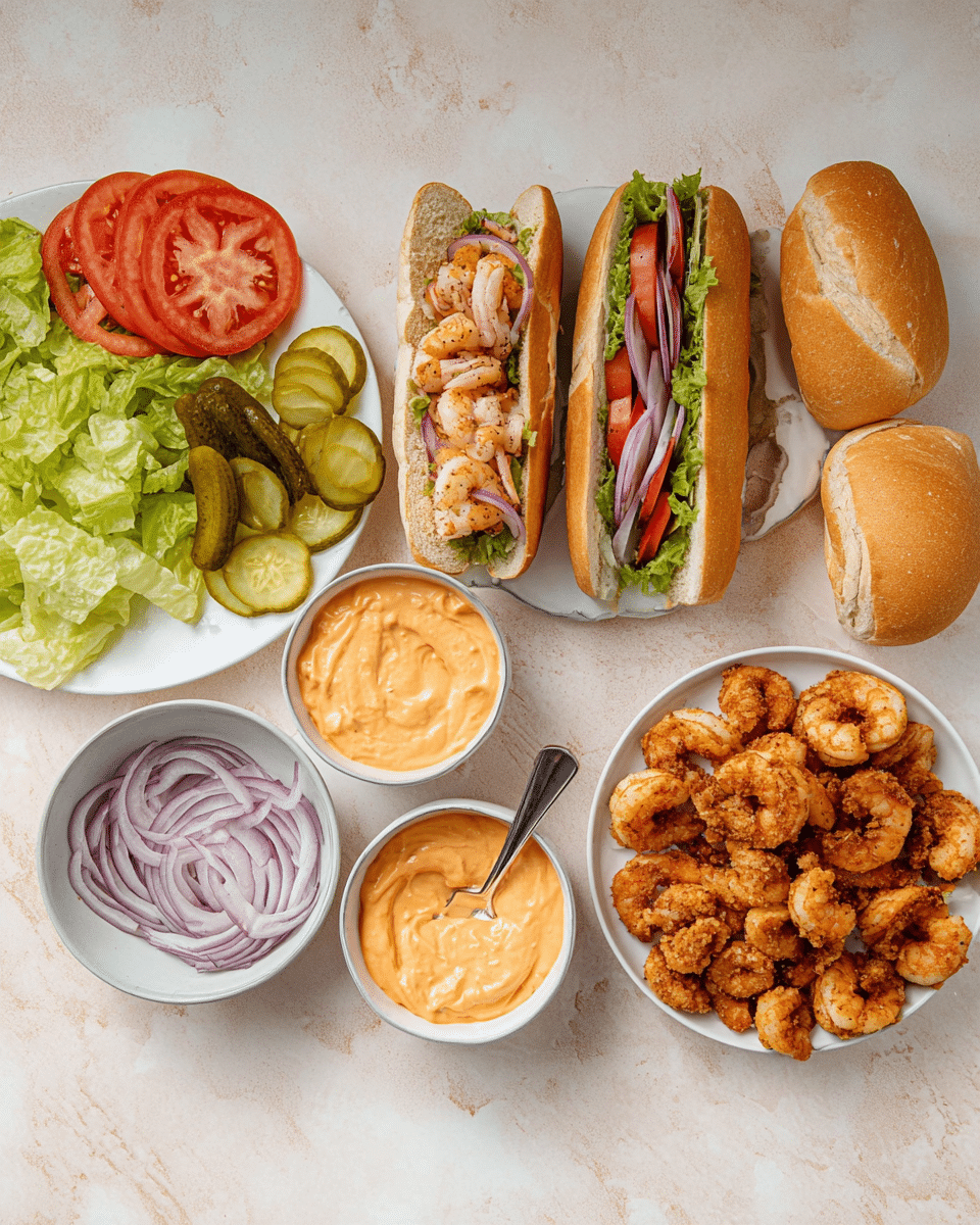 A white plate holds three sandwich rolls, one open with a spread of orange sauce on the bottom half, another open with layers of lettuce, tomato slices, red onion rings, and pickle slices stacked from bottom to top, and two closed rolls next to them. Below the rolls, there are three white bowls: one with sliced red onion rings, one with a creamy orange sauce and a spoon inside, and one filled with crispy fried shrimp, piled high and golden brown. To the left, there is a white plate with fresh green lettuce, red tomato slices, and pickle slices arranged neatly on the surface. All items are set on a white marbled texture. Photo taken with an iphone --ar 4:5 --v 7
