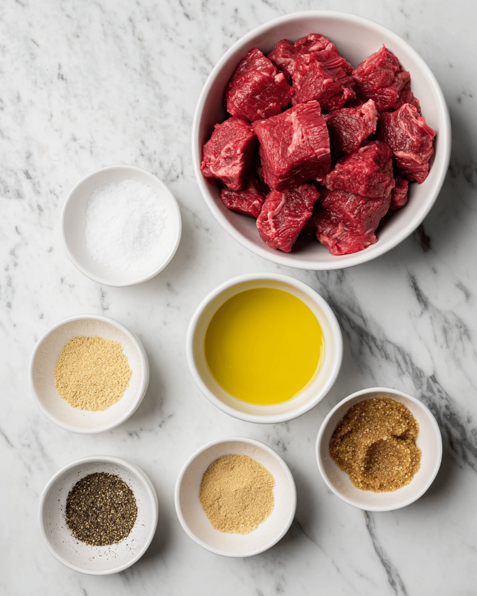 The image shows seven white bowls on a white marbled surface. The largest bowl at the top left is filled with raw, red meat chunks. To its right is a medium bowl filled with yellow oil. Below the oil, a small white bowl holds white salt. Below and to the left of the salt are two small bowls with light brown powders in each. At the bottom left, a small bowl with black pepper sits beside another small bowl on the bottom right, filled with brown sugar. Photo taken with an iphone --ar 4:5 --v 7