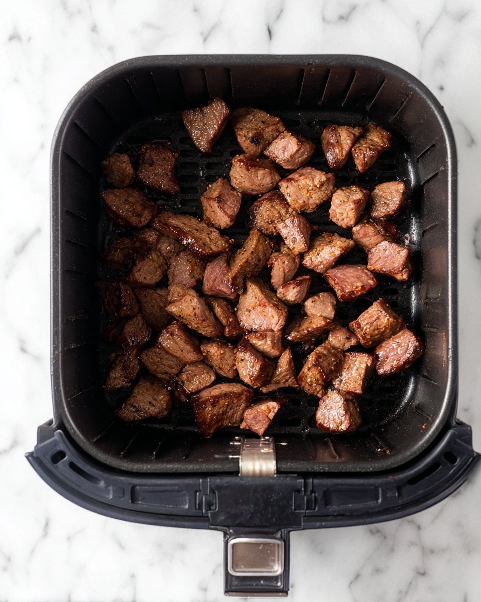 The image shows an air fryer basket filled with small pieces of cooked meat. The meat is cut into bite-size chunks that are brown on the outside with a slight shine, indicating they are cooked but still juicy. The air fryer basket is black with a grid pattern on the bottom, and it sits on a white marbled surface. The pieces of meat are evenly spread out inside the basket, creating one layer without overlapping. Photo taken with an iphone --ar 4:5 --v 7