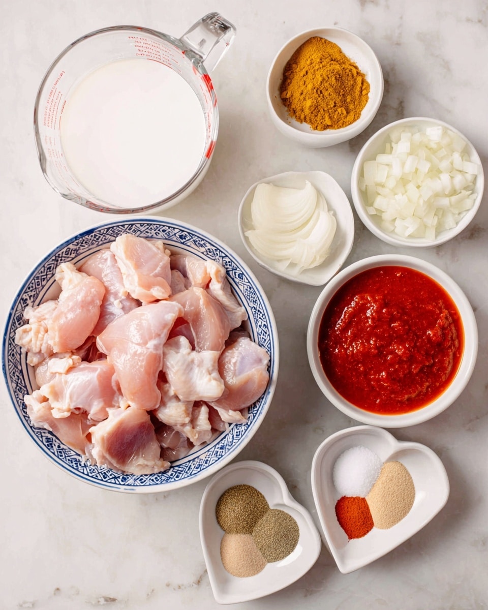 A top view of raw chicken pieces in a white bowl with blue patterns, surrounded by six white bowls and one clear measuring cup on a white marbled surface; the chicken is pale pink with white fat. The clear measuring cup on the left is filled with white liquid. The six white bowls around it hold different ingredients: from top right moving clockwise, a bowl of golden-yellow powder, a bowl of thick red tomato sauce, a bowl of small white diced onions, a small heart-shaped bowl with seven spice powders in different shades of beige, brown, orange, and white, a small square white bowl with light brown sugar, and a medium white bowl with white powder. photo taken with an iphone --ar 4:5 --v 7