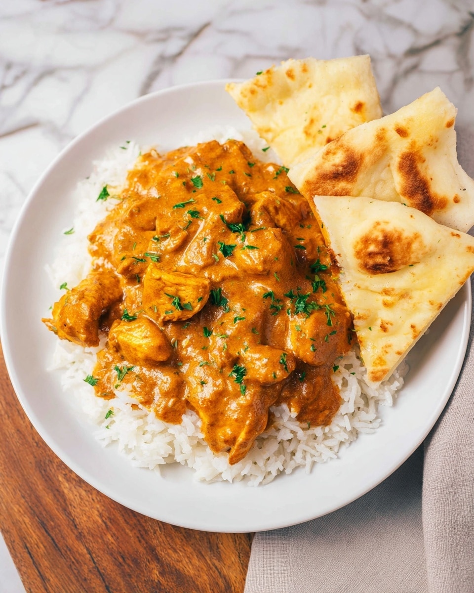 A white plate sits on a white marbled surface with a layer of white rice at the bottom, topped with a thick, orange curry sauce containing pieces of cooked chicken, garnished with small green herbs. On the right side of the plate, two triangular pieces of lightly browned naan bread rest slightly over the rice. The overall look is warm and inviting with the soft textures of the curry and rice contrasting with the slightly crisp bread. Photo taken with an iphone --ar 4:5 --v 7