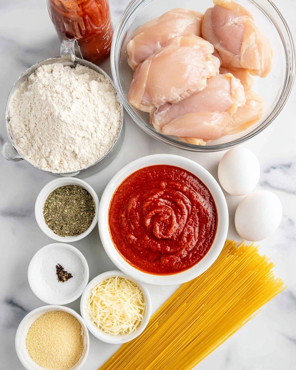 A clear glass bowl is placed at the top center, filled with three pieces of raw pale pink chicken. Below it, there is a small white bowl with bright red thick tomato sauce that has a swirl pattern on top. To the left of the sauce, a metal measuring cup is full of white flour, with a small white dish of green herbs next to it and a jar of red sauce partly visible on the far left. On the bottom right, there are small white bowls containing golden-yellow breadcrumbs, shredded white cheese, and minced garlic. Between these bowls and the tomato sauce, there is a small divided white dish holding white salt and black pepper. Two white eggs lie next to long uncooked yellow spaghetti strands on the far right. The whole scene is set on a white marbled surface. Photo taken with an iphone --ar 4:5 --v 7
