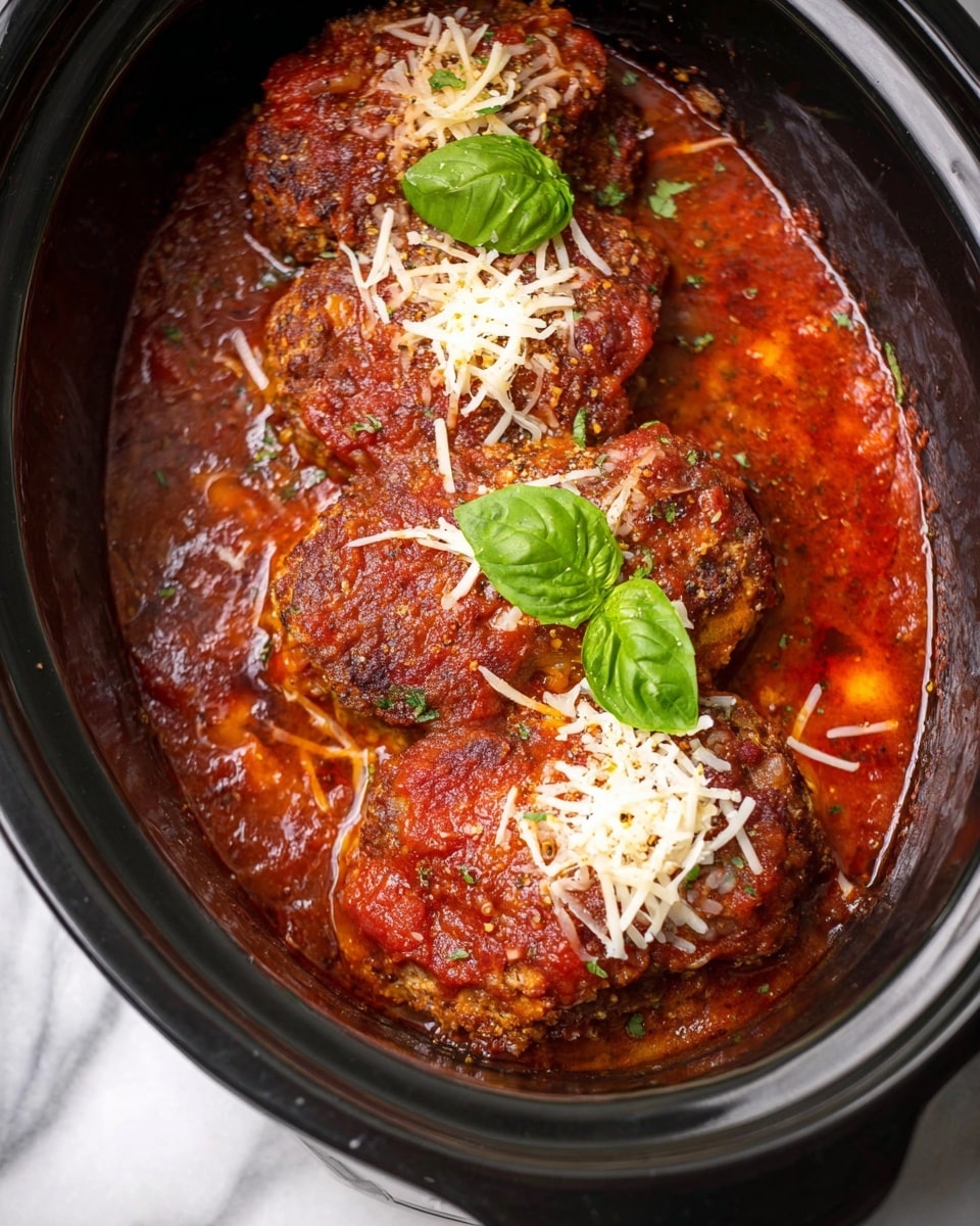 The image shows a slow cooker filled with four large pieces of browned, crispy-looking meat covered in a thick red tomato sauce, with some sauce pooled on the side. Each piece has a layer of shredded white cheese on top, melting slightly, and is garnished with a fresh green basil leaf. The meat looks seasoned with small visible spices, and the sauce has a rich texture with hints of herbs. The slow cooker is black inside and is placed on a white marbled surface. photo taken with an iphone --ar 4:5 --v 7