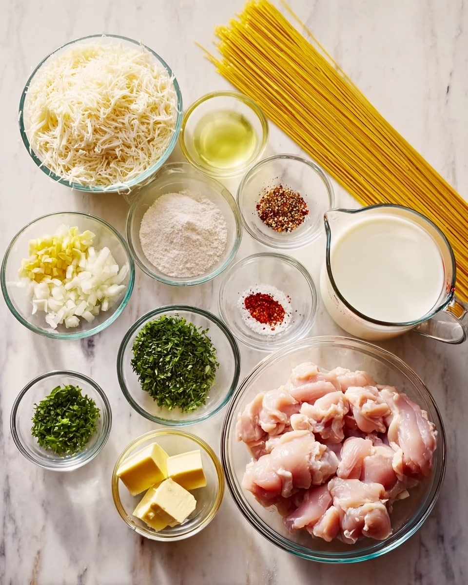 The image shows a white marbled surface with several clear glass bowls arranged neatly. The largest bowl holds raw chicken pieces with a pale pink color in the front right. To the left of that is a bowl filled with shredded white cheese. Long dry spaghetti strands rest in the middle next to a large glass measuring cup filled with white milk. Smaller bowls contain various ingredients around these main items: finely chopped green herbs, minced garlic, diced shallots, lemon zest, butter squares, red pepper flakes, black pepper, white salt, and a pale yellow liquid likely lemon juice. The bowls vary in size from very small to medium, with ingredients displaying different textures like powder, liquid, and solid chunks. Photo taken with an iphone --ar 4:5 --v 7