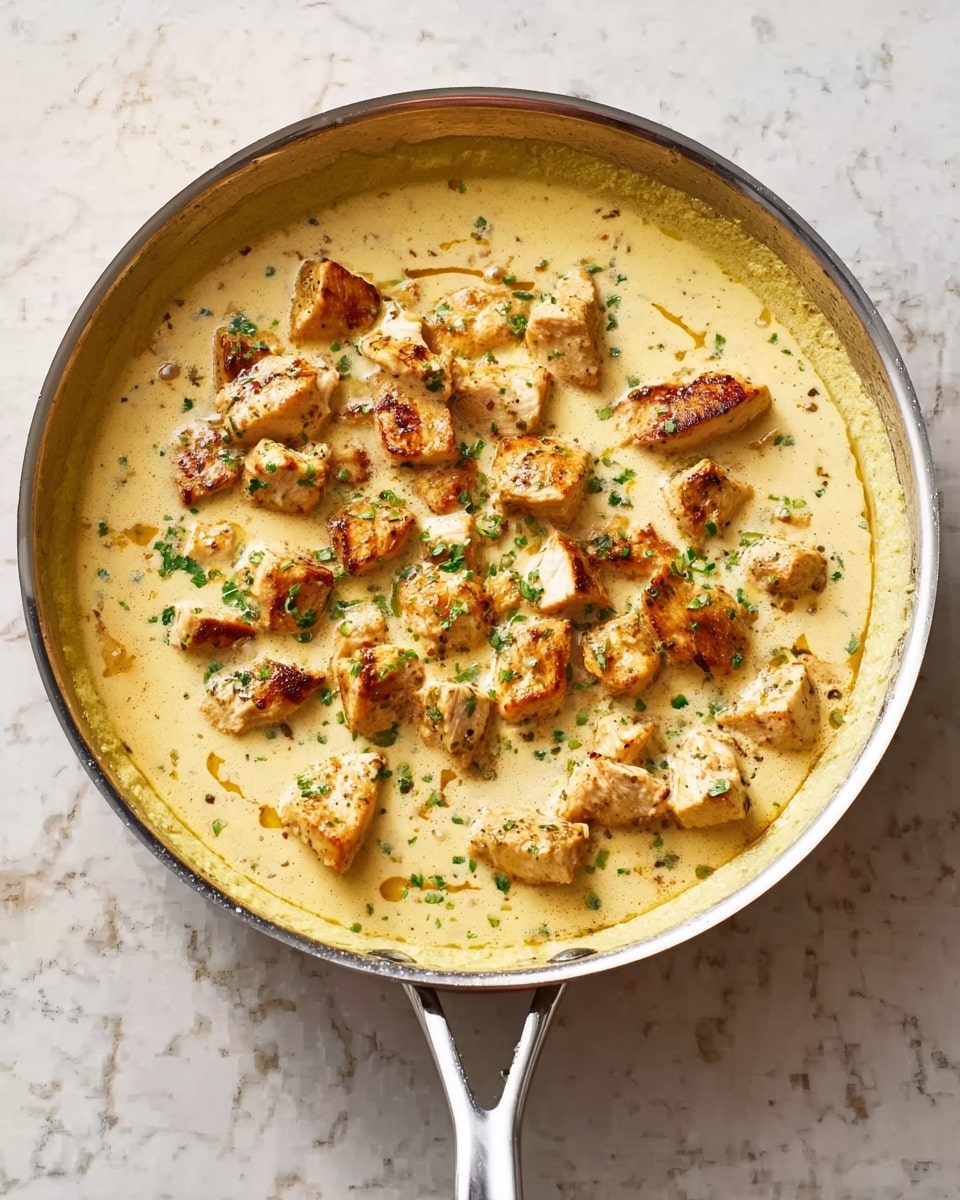 A frying pan with a silver handle filled with a creamy sauce layer that is pale yellow and smooth, with small pieces of light brown grilled chicken scattered evenly across the sauce. The chicken pieces show char marks and are sprinkled with small green herbs on top. The pan is placed on a white marbled surface. Photo taken with an iphone --ar 4:5 --v 7