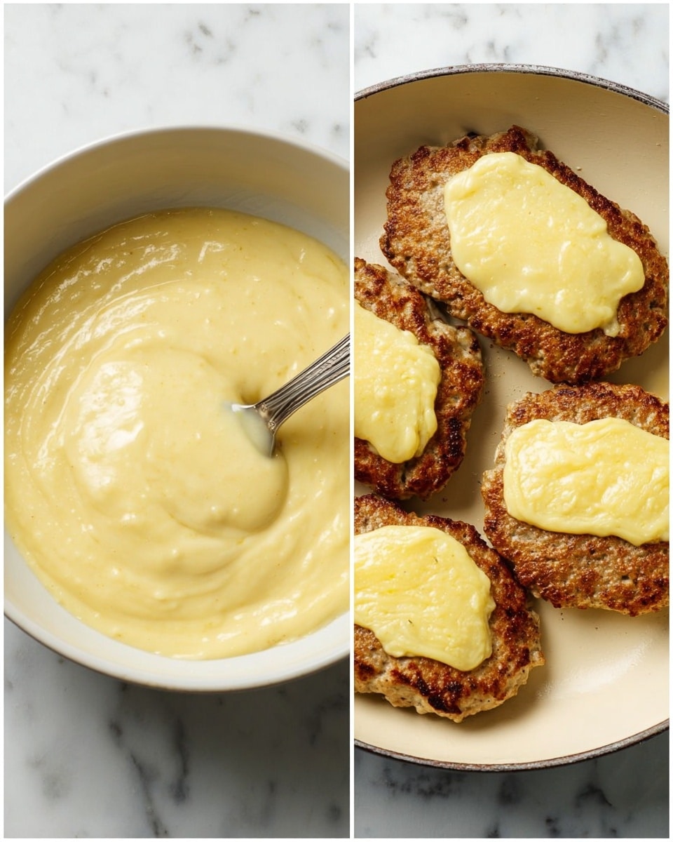 The left side shows a white ceramic bowl filled with a creamy, pale yellow sauce with a smooth, slightly thick texture; a spoon is inside the bowl stirring the sauce. The right side shows a white pan holding four browned patties, each topped with a layer of melted, light golden-yellow cheese that is evenly spread and slightly bubbly. Both images are set against a white marbled surface. photo taken with an iphone --ar 4:5 --v 7