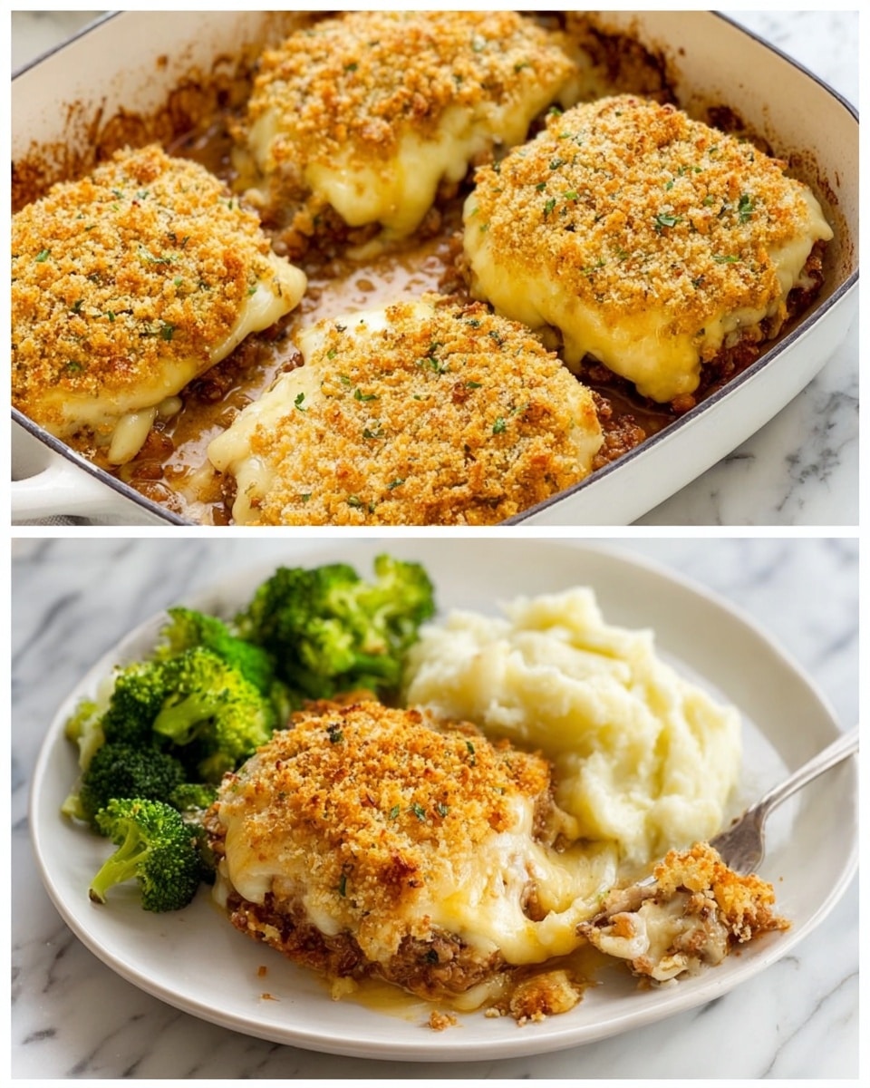 The first image shows four pieces of food inside a white pan, each with three visible layers: a browned base layer that looks like cooked meat, a middle layer of melted pale yellow cheese, and a top layer of golden crunchy crumbs. The crumbs are unevenly spread but cover the cheese well. The pan is placed on a white marbled surface. The second image is a close-up of a white plate holding one piece of the same food with the same three layers, surrounded by bright green broccoli at the top and smooth, creamy white mashed potatoes on the right. A silver fork presses into the mashed potatoes from the right side of the plate. Both images are well lit and sharp. Photo taken with an iphone --ar 4:5 --v 7