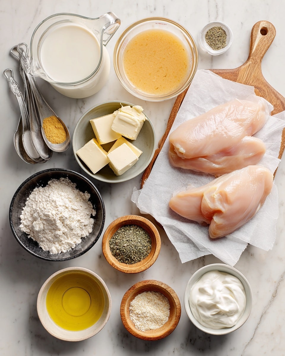 The image shows a white marbled surface with several small bowls and containers arranged in a loose circle, each holding different ingredients. At the top right, three raw chicken breasts rest on white paper over a wooden board. Above them, a glass measuring cup holds a light orange liquid, chicken broth. To the left, a glass pitcher with white milk and two metal measuring spoons filled with yellow onion and garlic powder sit near a small black bowl with white flour. Below, there is a small wooden bowl with two butter chunks, another with green Italian seasoning, and a third wooden bowl with light beige ranch seasoning powder. Toward the bottom left, a small white bowl is filled with golden olive oil, and next to it, a small wooden bowl contains salt and black pepper. Lastly, at the bottom right, a small bowl of thick white sour cream completes the set. The overall look is clean and bright with natural light. Photo taken with an iphone --ar 4:5 --v 7