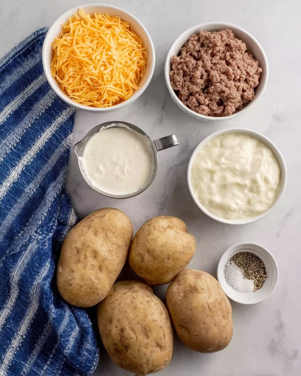 In the image, there are five whole potatoes with a rough light brown skin placed on a white marbled surface. Above the potatoes, three white bowls contain various ingredients: shredded orange cheese in the top left bowl, ground meat with a coarse texture in the top right bowl, and a creamy white sauce with a smooth texture in the middle bowl. To the right of these bowls, a small metal measuring cup is filled with a white liquid next to a small white bowl containing fine black pepper and another seasoning. A blue and white striped cloth is partially visible on the left edge of the image. Photo taken with an iphone --ar 4:5 --v 7