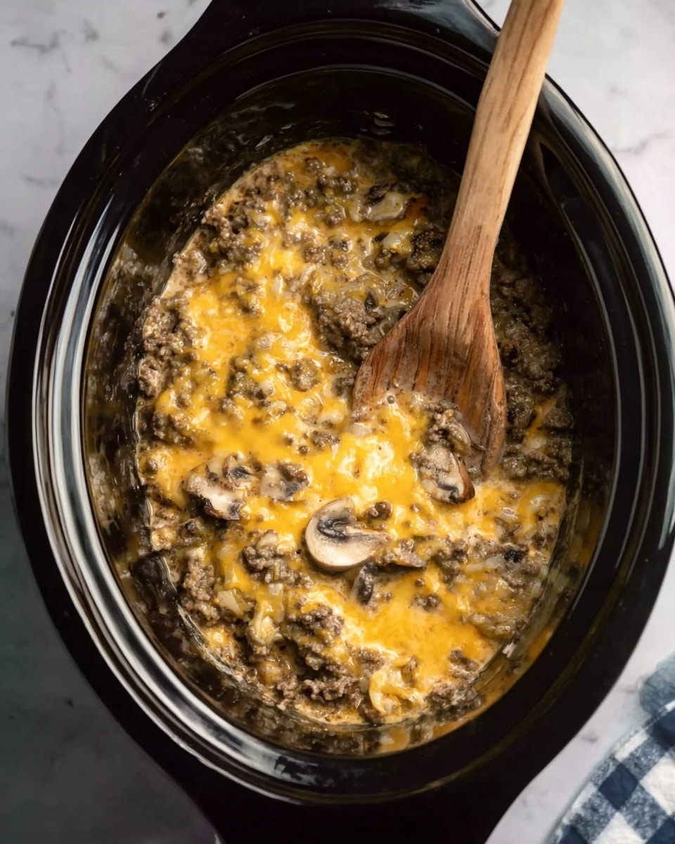 The image shows a black slow cooker filled with a mixture of ground meat, melted yellow cheese, and sliced mushrooms. The meat and cheese create a thick, creamy layer covering most of the surface, with a few visible mushroom slices placed on top. A wooden spoon rests inside the cooker, partially submerged in the mixture. The slow cooker sits on a white marbled surface, adding a clean contrast to the dark pot and the food inside. Photo taken with an iphone --ar 4:5 --v 7