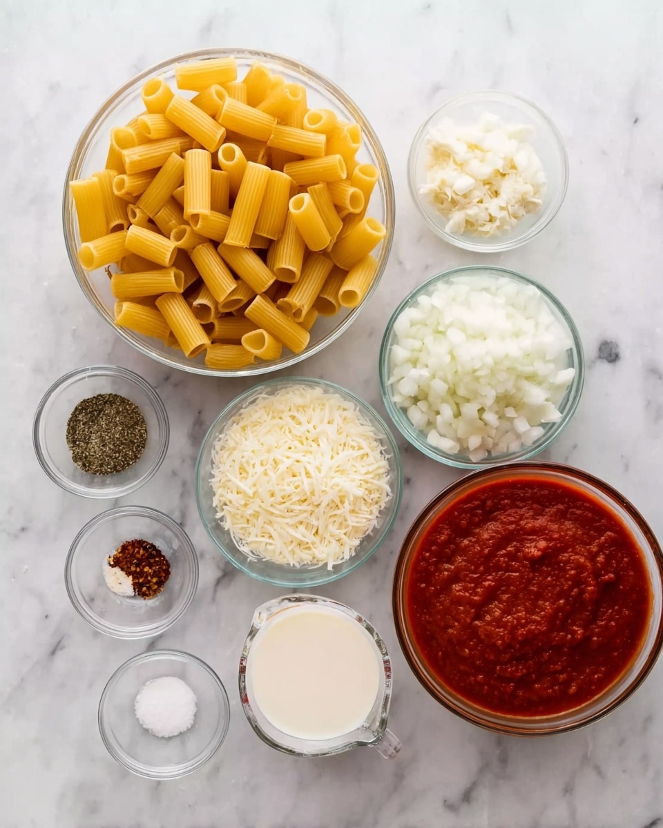 The image shows several clear glass bowls arranged neatly on a white marbled surface, each bowl containing a different cooking ingredient. The largest bowl near the center holds uncooked, tube-shaped pasta that is yellow and smooth. To its right, there is a bowl filled with finely chopped white onions, and in front of that, a larger bowl of thick red tomato sauce with a slightly glossy surface. Surrounding these are smaller bowls holding minced garlic, dried herbs, grated cheese, a pinch of red pepper flakes, white powder, black pepper, salt, and a measuring cup with a creamy white liquid. The arrangement is clean and organized, with each ingredient clearly visible. Photo taken with an iphone --ar 4:5 --v 7