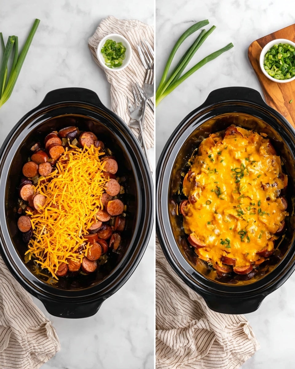 The image shows two black oval slow cookers placed side by side on a white marbled surface. The left slow cooker is filled with a base layer of cooked sliced sausages and other mixed ingredients topped with a thick layer of bright orange shredded cheese that covers the entire dish. The right slow cooker has the same cooked sliced sausages fully covered with melted bright orange cheese that has softened and spread, with small pieces of chopped green onions scattered on top for color. A small white bowl of chopped green onions and a wooden board with whole green onions are visible near the right slow cooker. A striped beige cloth is placed under the edge of the left cooker, and a silver fork and spoon rest beside the right cooker. Photo taken with an iphone --ar 4:5 --v 7