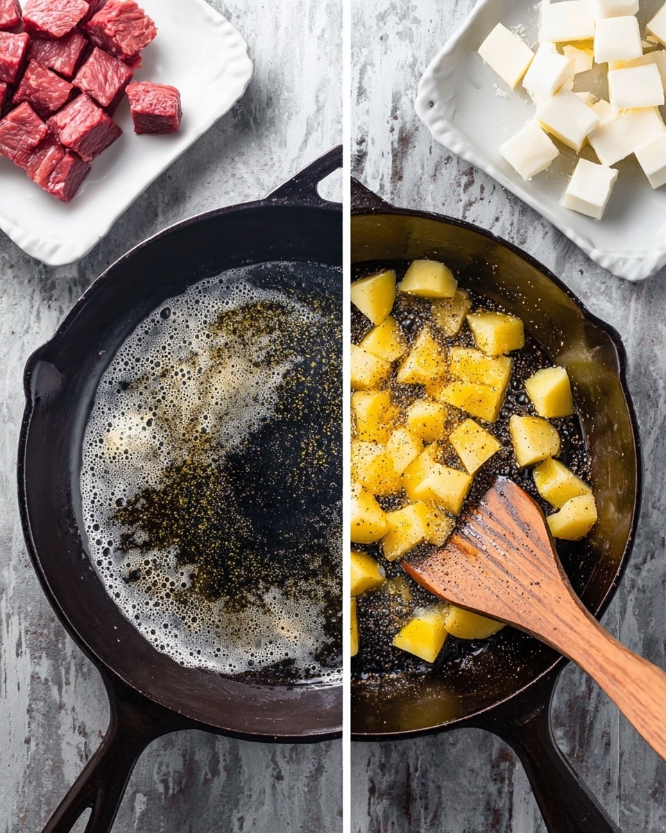 The image shows two side-by-side photos of a black cast iron pan on a white marbled textured surface. On the left, the pan contains melted butter or oil spreading in the center, shiny and bubbly against the dark pan surface. Above the pan, there is a clear white round plate with bright red uncooked meat cubes and a white rectangular plate with two blocks of white cheese. On the right, the same pan now has several small yellow potato pieces sprinkled with pepper, evenly spread, with a wooden spatula stirring them. The plates with meat cubes and cheese remain above the pan on the white marbled texture. Photo taken with an iphone --ar 4:5 --v 7