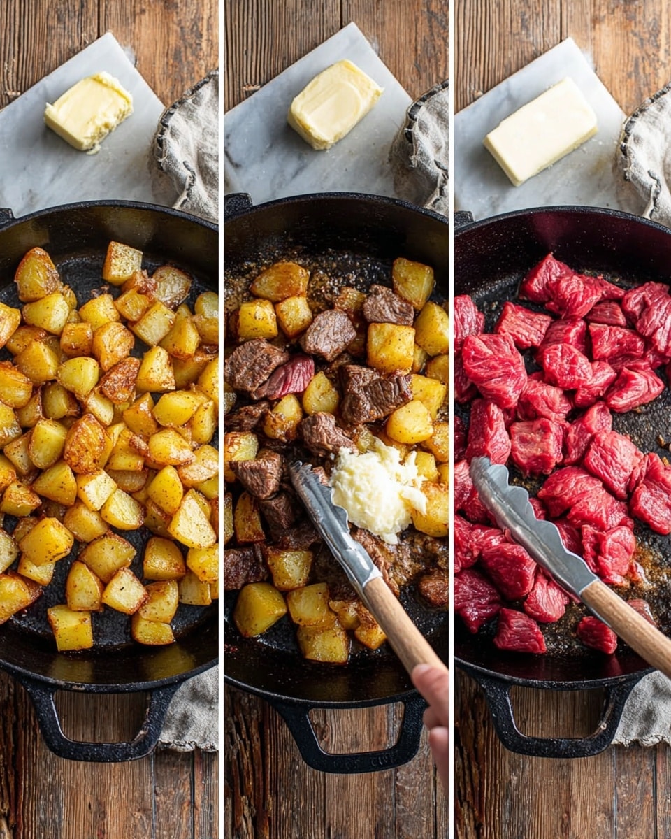 A three-part image shows cooking stages of a dish in a black cast iron skillet on a white marbled surface; the first part has golden brown potato cubes grouped on the left side with a melting piece of butter next to them on the right; the second part shows the same potatoes with raw chunks of bright red beef added on the right side, and a woman's hand holding metal tongs placing the meat; the third part reveals all ingredients fully cooked and mixed, with browned beef cubes and crispy-looking potato pieces stirred together by a wooden spatula resting in the skillet; a block of white cheese is visible in the upper right corner in all frames, and the background is a rustic wooden surface photo taken with an iphone --ar 4:5 --v 7
