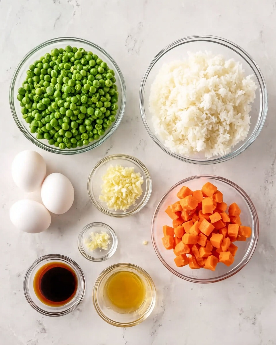 The image shows seven clear glass bowls on a white marbled surface. In the largest bowl on the right, there is white cooked rice with a soft and fluffy texture. Next to it is a medium bowl filled with bright green peas that have a smooth, round shape. Below the peas is a smaller bowl with small, evenly chopped orange carrot cubes. To the left of the carrots are two whole white eggs placed directly on the surface. Above the eggs is a tiny bowl containing finely chopped pale yellow garlic. Below the garlic are three small glass bowls arranged side by side: one with a pale yellow liquid, one with a dark brown liquid, and the last with a honey-colored liquid. The setup is neat and evenly spaced. photo taken with an iphone --ar 4:5 --v 7