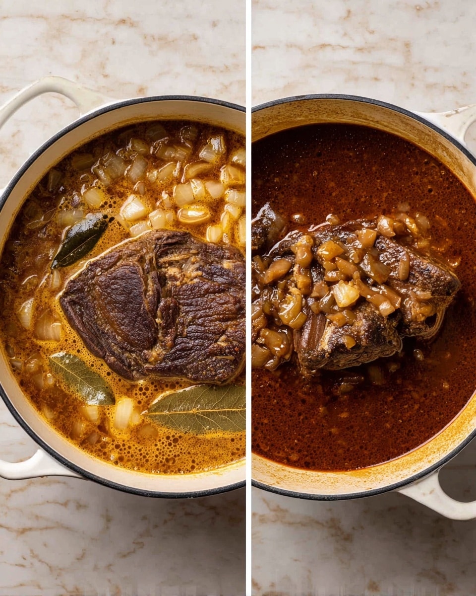 Two images show a white round pot with cooked meat and sauce. In the first image, the pot contains two large pieces of browned meat partly covered by chopped light yellow onions and small bay leaves, all sitting in a light brown broth with some foam on top. In the second image, the pot holds one large piece of dark brown cooked meat topped with softened chopped onions in a thicker, deep reddish-brown sauce. Both photos are taken on a white marbled surface. photo taken with an iphone --ar 4:5 --v 7