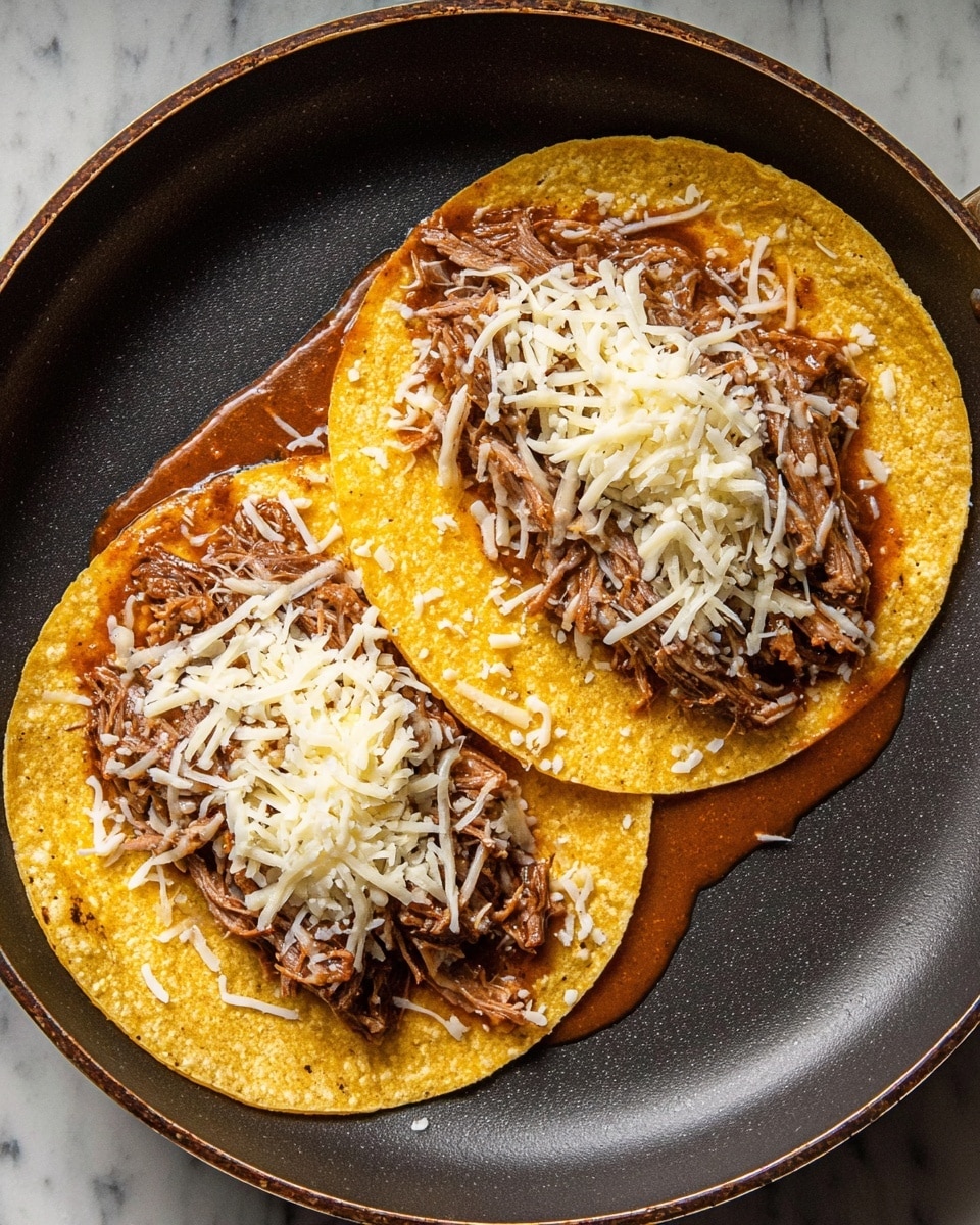 Two soft, yellow corn tortillas lie flat side by side in a dark pan on a white marbled surface. Each tortilla is covered with a layer of reddish-brown sauce that makes the tortillas look moist and shiny. On top of the sauce in the center of both tortillas is a portion of shredded dark brown meat, appearing tender and juicy. The meat is topped with a sprinkling of shredded white cheese, loosely scattered and starting to melt slightly from the warmth of the meat and sauce. The photo taken with an iphone --ar 4:5 --v 7
