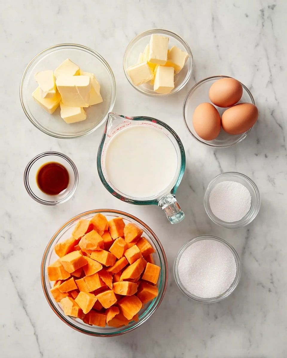 The image shows a white marbled surface with seven clear glass bowls and a glass measuring cup arranged in a neat grid. The largest bowl, placed at the bottom right, is filled with orange, diced sweet potatoes. In the top center, there is a glass measuring cup filled with white liquid, likely milk or cream. Surrounding these are smaller bowls: at the top left, a bowl with three pieces of yellow butter; next to it on the right, a tiny bowl with white salt; below the butter, a small bowl with a dark liquid, probably vanilla; at the center left, a bowl holding two brown eggs; and below the salt, a bowl with white granulated sugar. The colors are bright with a clean and simple look, and the composition is balanced with good natural light. Photo taken with an iphone --ar 4:5 --v 7