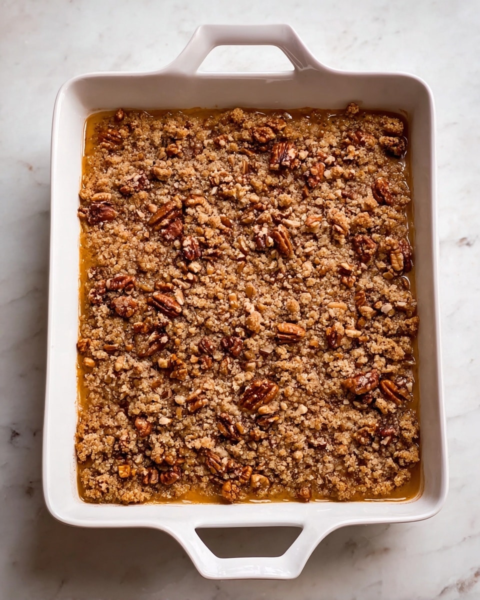 The image shows a white rectangular baking dish with handles on both sides, filled with a baked dessert. The dish has one visible layer: a golden-brown crumbly topping scattered evenly, mixed with pieces of pecans giving a crunchy texture. The crumb topping looks coarse and uneven, covering a moist base that peeks through slightly at the edges. The baking dish is placed on a white marbled surface. photo taken with an iphone --ar 4:5 --v 7