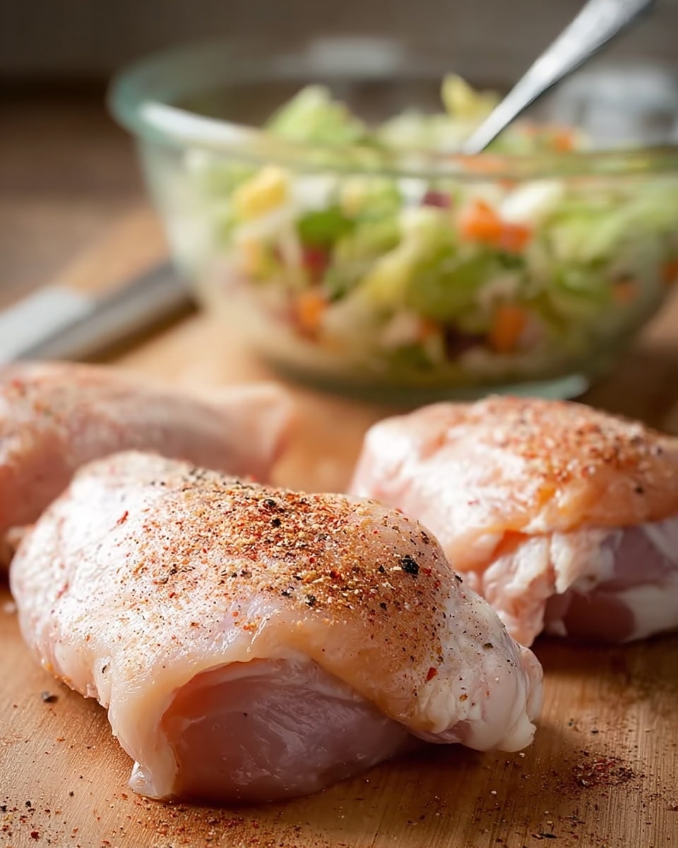 A close-up view of two large raw chicken pieces lying on a wooden surface, with a light dusting of reddish and black pepper seasoning on top. Behind the chicken, a clear glass bowl contains a mixed salad with visible green, yellow, and red colors, and a silver fork resting inside. The background is softly blurred, highlighting the texture and freshness of the chicken pieces. photo taken with an iphone --ar 4:5 --v 7