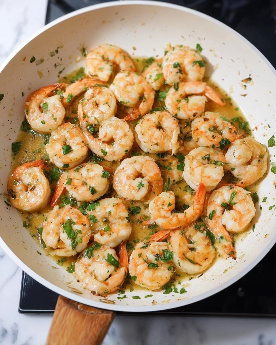 The image shows a white pan filled with cooked shrimp in a light golden sauce, scattered evenly across the pan. The shrimp are plump with a light orange and white color, mixed with small green herb leaves that add freshness to the dish. The pan is on a white marbled surface, and the wooden handle of the pan is visible at the bottom left corner. The sauce looks slightly oily and shiny, coating the shrimp well, making them look juicy and tender. photo taken with an iphone --ar 4:5 --v 7