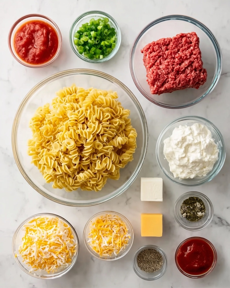 A top view of several clear glass bowls and one clear glass plate arranged on a white marbled surface. The largest bowl, in the center bottom, holds a mound of uncooked yellow egg noodles with a twisted shape. Above it, a medium bowl contains a block of raw ground beef. To the left, a small bowl holds sliced green onions, while another small bowl beside it has grated light yellow cheese. On the right side, small bowls contain chopped tomatoes, shredded white cheese, shredded yellow cheese, sour cream, a block of cream cheese, and a deep red tomato paste. There are also three tiny bowls near the bottom right filled with salt, black pepper, and dried herbs. A small bowl with a red sauce or tomato mixture is on the top left. The overall layout is neat and all containers are clear glass. Photo taken with an iphone --ar 4:5 --v 7