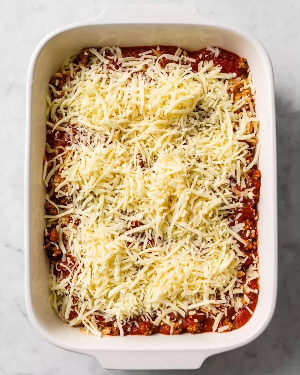 A white casserole dish filled with a layered baked dish. The bottom layer is a chunky red tomato sauce mixed with small pieces of browned meat and visible spices. On top of the sauce, there is a thick layer of shredded pale yellow and white cheese spread evenly, with the cheese strands scattered loosely but covering the entire surface. The casserole dish is sitting on a white marbled surface, showing the dish ready to be baked or just out of the oven. Photo taken with an iphone --ar 4:5 --v 7