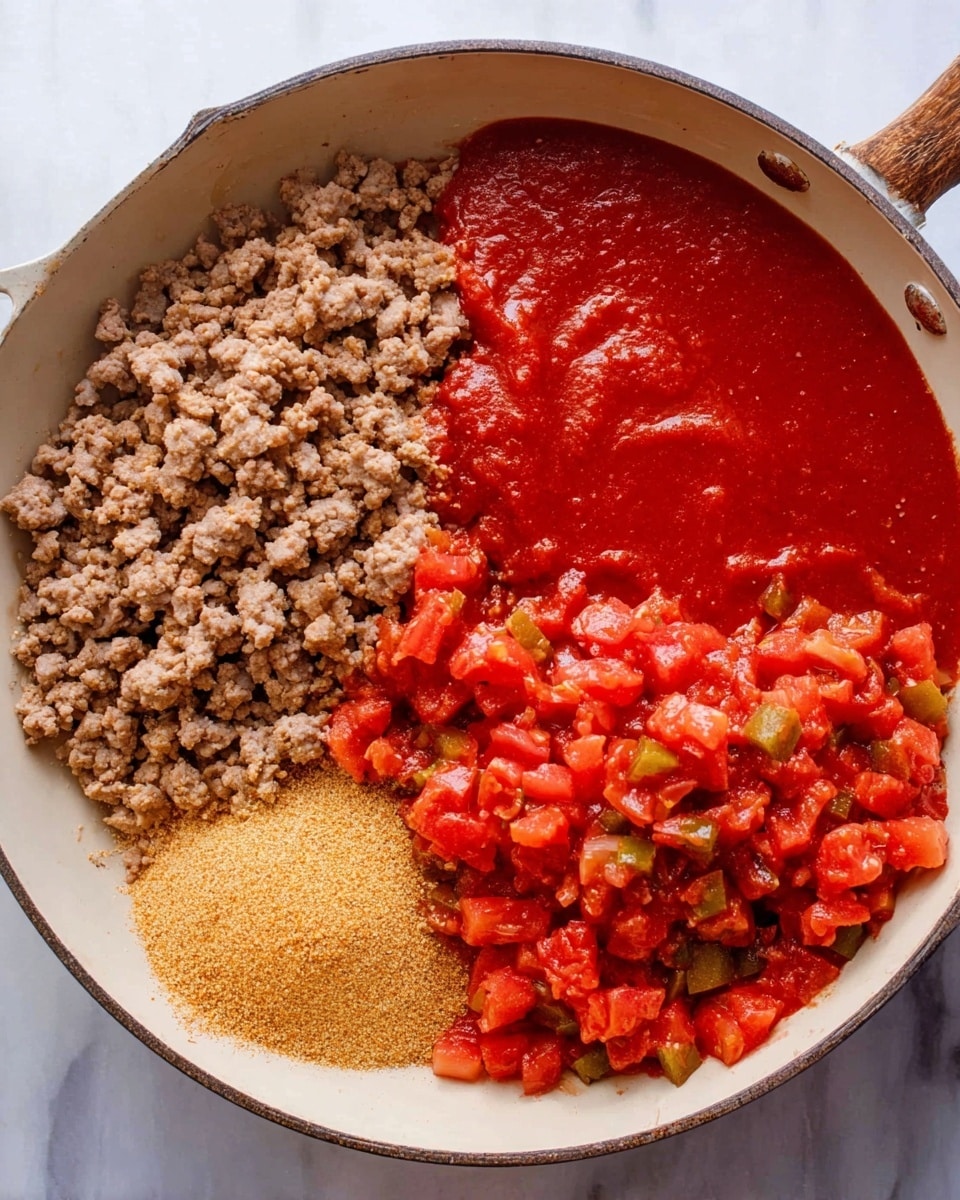 A white pan sits on a white marbled surface, filled with four distinct layers of ingredients that do not mix together. On the left, there is a layer of light brown cooked ground meat with a crumbly texture. Next to it, on the top side, there is a smooth, thick layer of rich red tomato sauce. To the right, a chunky mixture of bright red diced tomatoes with small green pieces is piled. At the bottom left, a small mound of fine, golden brown powdery seasoning rests next to the ground meat. Photo taken with an iphone --ar 4:5 --v 7