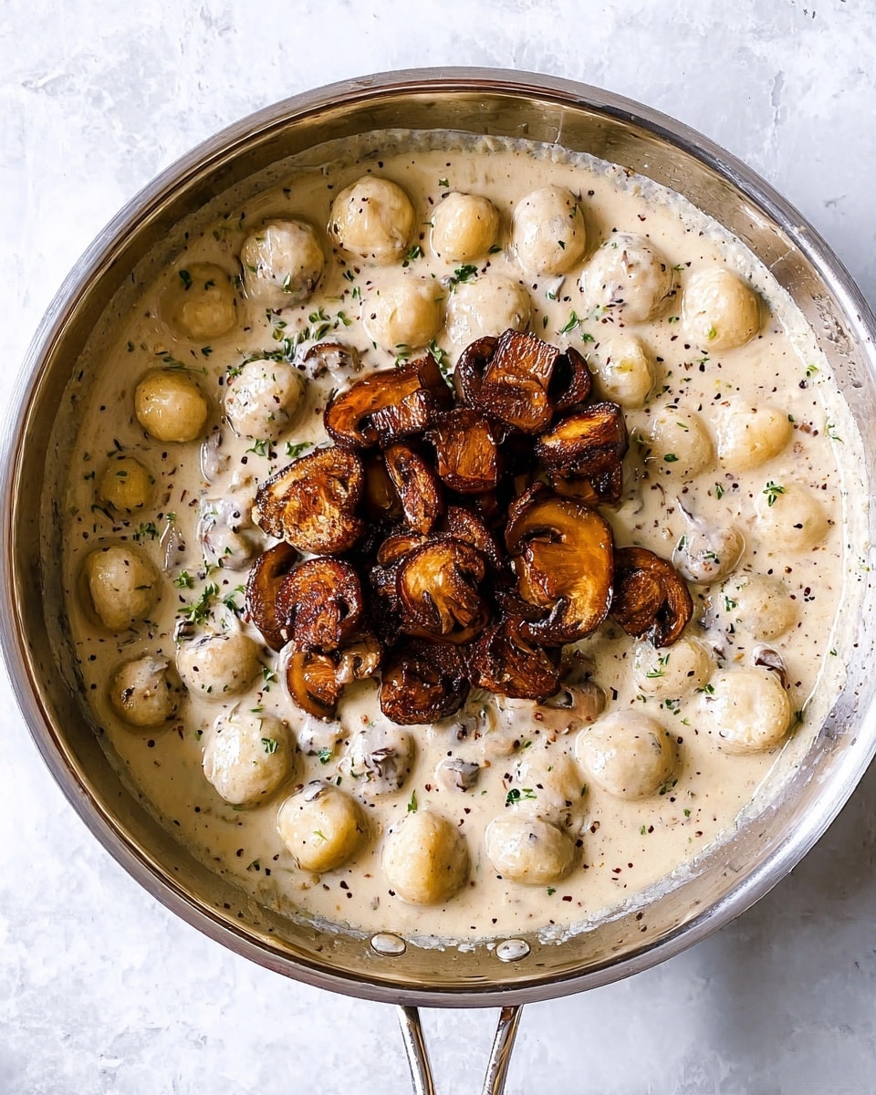 A silver pan filled with two main layers of food sits on a white marbled surface. The bottom layer is made of many small round and some sliced white mushrooms covered in a thick, creamy sauce speckled with herbs, giving the sauce a light beige color with green and black dots. On top, there is a cluster of browned, cooked mushroom slices in the center, showing a deep golden to dark brown color and a slightly crispy texture. Photo taken with an iphone --ar 4:5 --v 7