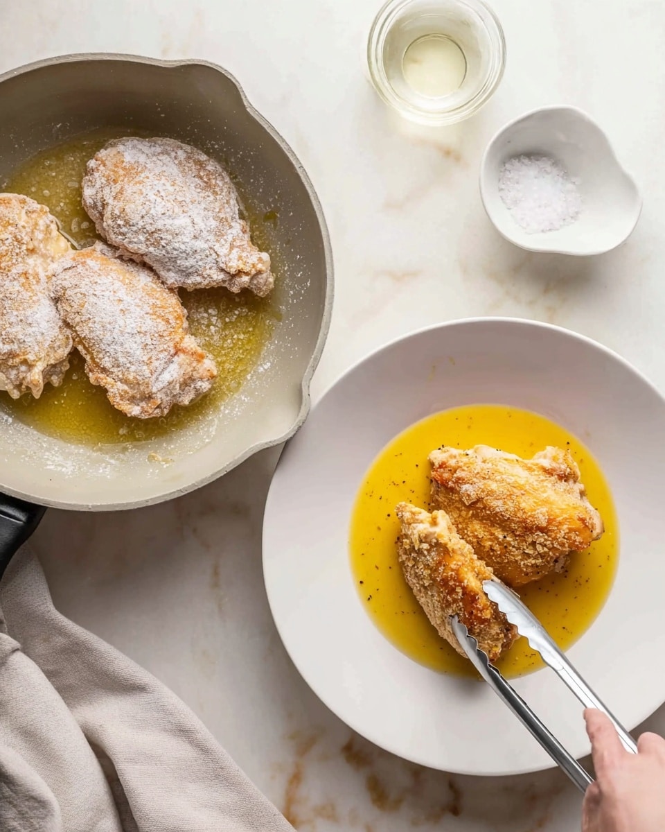 The image shows two parts focused on cooking chicken. On the left, two pieces of chicken are frying in a light gray pan with oil, the chicken coated lightly with a white powdery layer, placed on a white marbled surface. On the right, two golden-brown cooked chicken pieces sit on white plate filled with yellow oil sauce, with a woman's hand holding silver tongs picking one piece from the plate; small white dishes with salt and a clear liquid sit in the background, also on a white marbled surface. photo taken with an iphone --ar 4:5 --v 7
