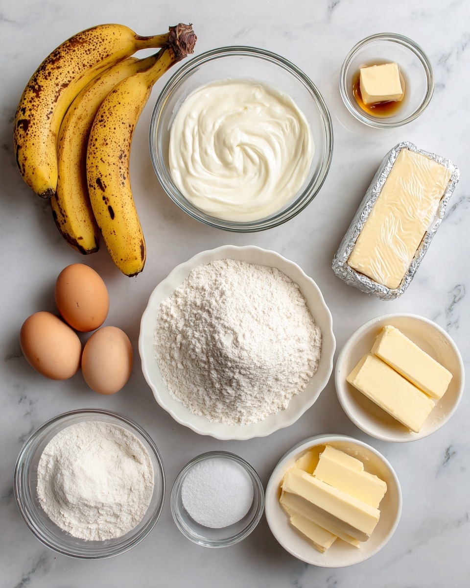 A top view of various baking ingredients arranged neatly on a white marbled surface: two ripe bananas with brown spots lie near the center; to their left is a clear glass bowl filled with smooth, white sour cream, next to a block of cream cheese wrapped in foil. Below the bananas are two brown eggs placed side by side. To the right, a white fluted bowl holds a mound of all-purpose flour. Beside it, a white bowl with granulated sugar and a very small clear bowl containing salt. Two sticks of butter, still wrapped, lay near the bottom right corner. A small glass bowl with vanilla extract and another tiny bowl with baking soda sit between the eggs and the butter. A glass bowl filled with powdered sugar is positioned near the bottom left. All items are clearly labeled with simple text. photo taken with an iphone --ar 4:5 --v 7