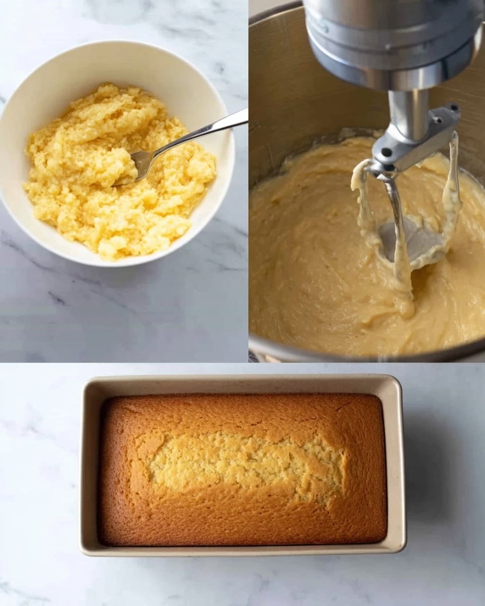 The image shows three stages of baking a cake. The first part has a white bowl with mashed yellow bananas with a silver fork resting inside, all set on a white marbled surface. The second part shows the bowl of a mixer with smooth, creamy, light beige cake batter being mixed by a stainless steel paddle. The third part is a close view of a rectangular, golden brown baked cake with a slightly cracked but even top, resting on the same white marbled surface. photo taken with an iphone --ar 4:5 --v 7