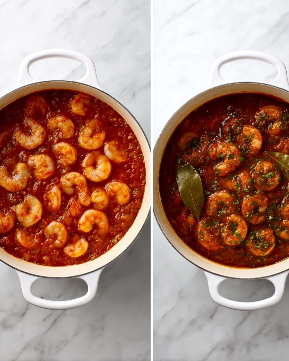 Two white pots with handles sit on a white marbled surface. The first pot shows raw shrimp scattered in a thick red sauce that fills the pot, with the shrimp pieces being light gray and curled. The second pot shows cooked shrimp in the same thick red sauce, now darker with visible green herbs and a few bay leaves mixed in, creating a rich and textured look. Both pots are viewed from above. Photo taken with an iphone --ar 4:5 --v 7