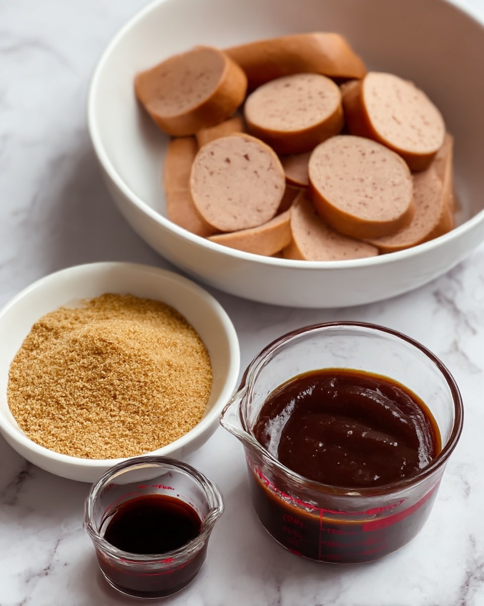 The image shows four white dishes placed on a white marbled surface. At the back, there is a large white bowl filled with slices of light brown sausage, each piece showing a smooth texture and speckled inside. To the front left, there is a small white bowl heaped with light brown granulated sugar. Next to it on the right, there is another small white bowl filled with rich dark brown thick sauce that has a smooth, shiny surface. In front of these, there is a tiny clear glass measuring cup containing a small amount of dark liquid with red measurement markings on it. The items are arranged closely together. Photo taken with an iphone --ar 4:5 --v 7
