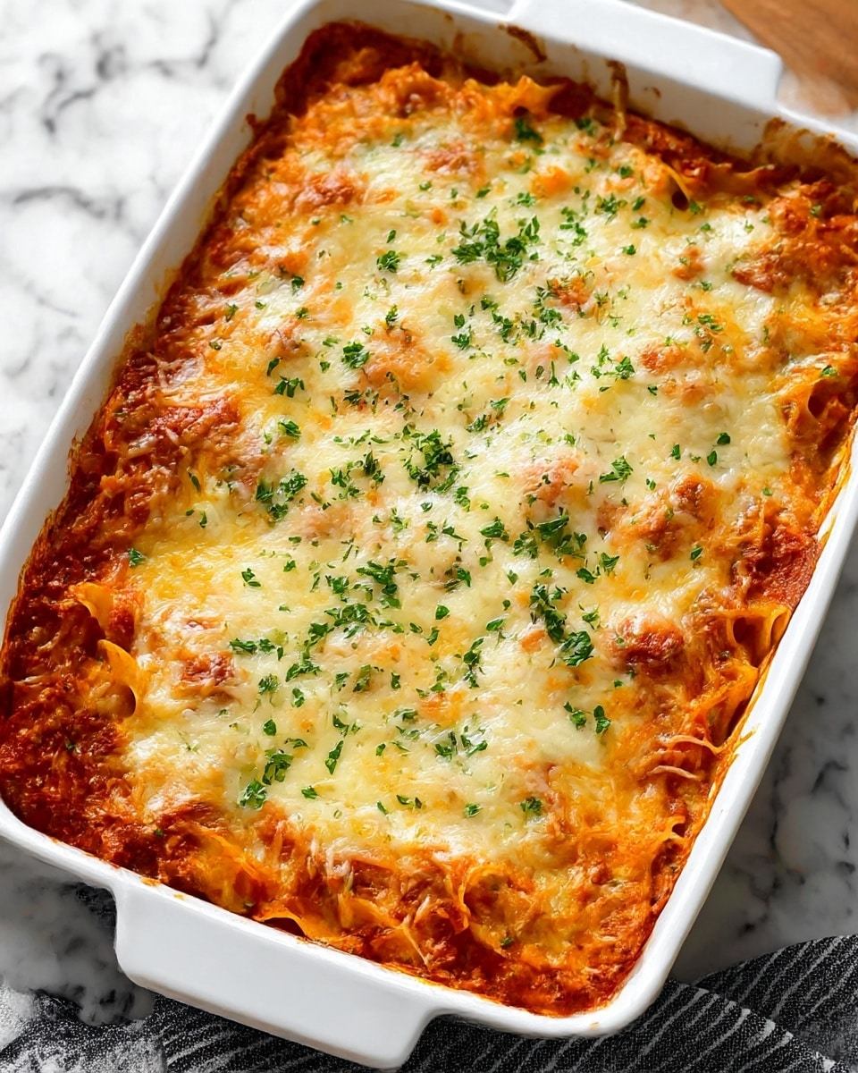 A white rectangular baking dish holds a baked pasta dish with two visible layers: the bottom layer is a rich red tomato sauce mixed with pasta, and the top layer is melted cheese that is golden brown in spots and sprinkled with chopped green herbs. The edges of the pasta around the dish are slightly crispy and browned. The dish sits on a white marbled surface with a black and white striped cloth nearby. Photo taken with an iphone --ar 4:5 --v 7