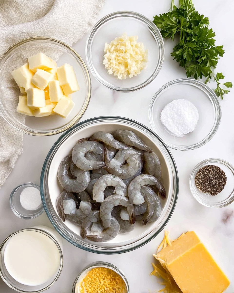 Creamy Garlic Shrimp Recipe 4 The image shows several clear glass bowls arranged on a white marbled surface with a light cloth underneath some of them. In the center, there is a white bowl filled with raw, peeled shrimp that are grayish-blue and curved. Above to the left is a small bowl filled with pale yellow butter cubes. Nearby, a smaller bowl contains grated garlic over a bed of salt. To the right of the shrimp is a bowl divided half with black pepper and half with white salt. A fresh sprig of green parsley sits in the upper right corner. Near the bottom are three more bowls: one with milk, one with shredded yellow and white cheese, and a small part of a hard yellow cheese block beside the cheese bowl. There is also a small bowl with black pepper near the shredded cheese. Photo taken with an iphone --ar 4:5 --v 7