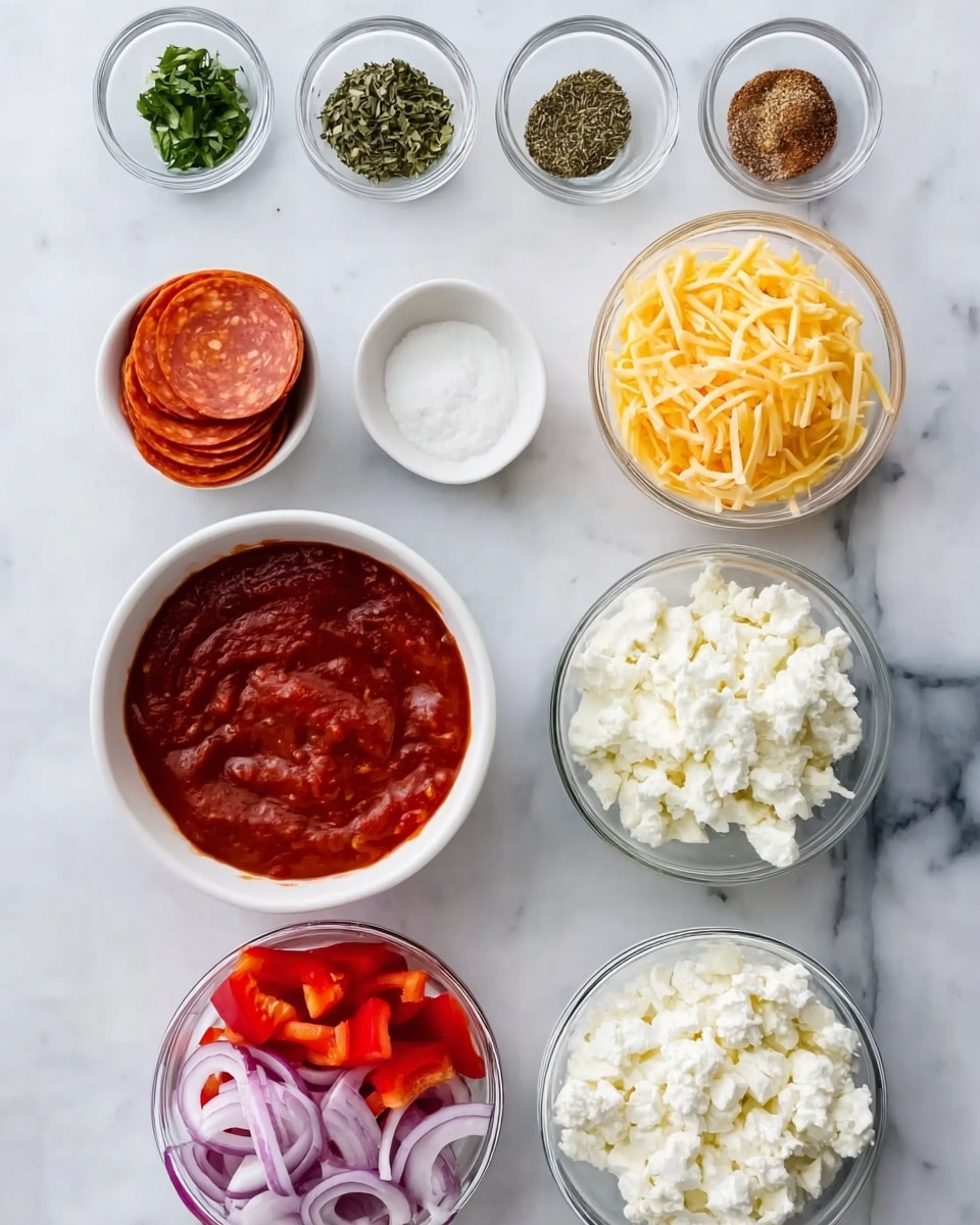 The image shows a top view of multiple small glass and white bowls arranged neatly on a white marbled surface. There are four small glass bowls at the top with green herbs, salt, and spices. Below them, on the left, a small white bowl holds a stack of pepperoni slices, next to a white bowl filled with shredded yellow cheese. Beneath them, a white bowl contains a thick red tomato sauce, and next to it is a white bowl filled with sliced red onions. At the bottom, a glass bowl holds chopped red bell peppers, and another glass bowl nearby is filled with white cottage cheese. Each ingredient stands out clearly with vibrant colors against the clean, white marbled background. photo taken with an iphone --ar 4:5 --v 7