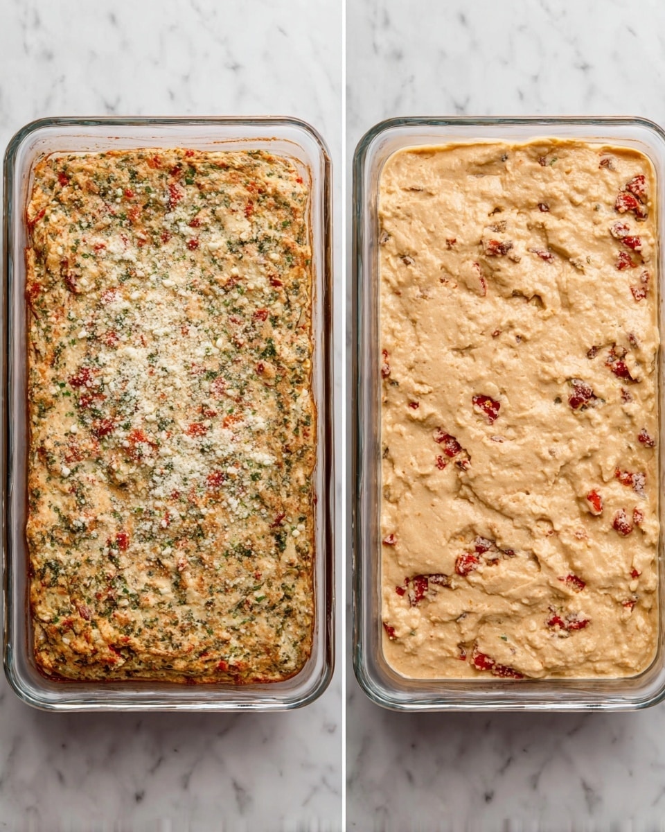 The image shows two rectangular glass baking dishes with different layered dishes inside, placed side by side on a white marbled surface. The left dish has a textured top layer with an uneven mix of green herbs, white cheese bits, and red tomato pieces, giving it a speckled and slightly rough surface with a mix of green, white, and red patches. The right dish features a thicker, creamy beige layer with visible small red and white chunks distributed throughout, creating a soft, uneven texture that covers the entire surface. Both dishes fill their containers fully and sit evenly within the frame, photo taken with an iphone --ar 4:5 --v 7